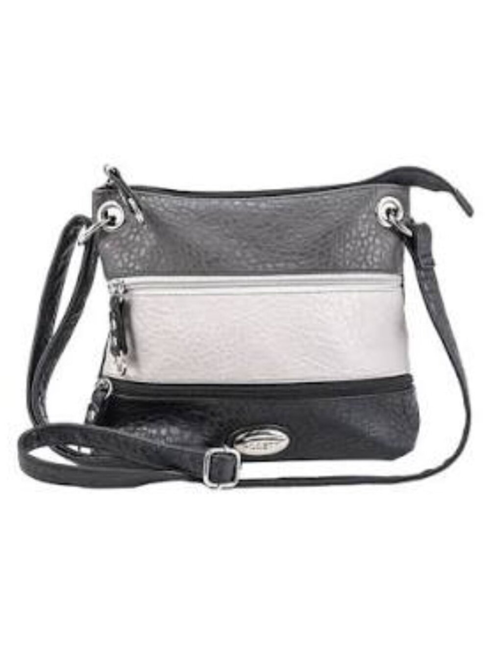 Rosetti Tri-Tone Grey White & Black Demi Zips Faux Leather Crossbody Bag Purse